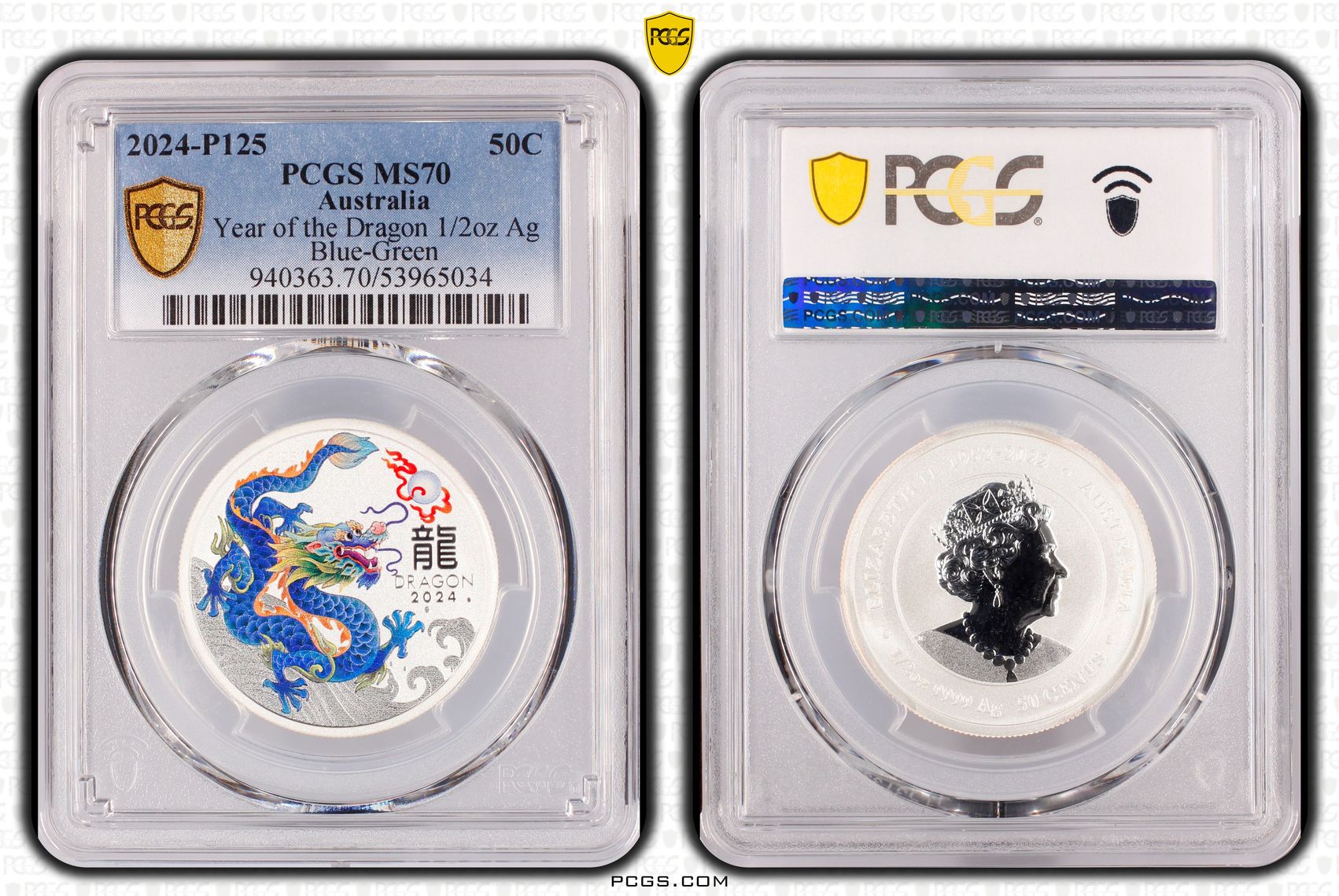 Year of the Dragon 1/2oz Silver Blue-Green, POP 1/0, Fifty Cents, 2024-P125, PCGS MS70