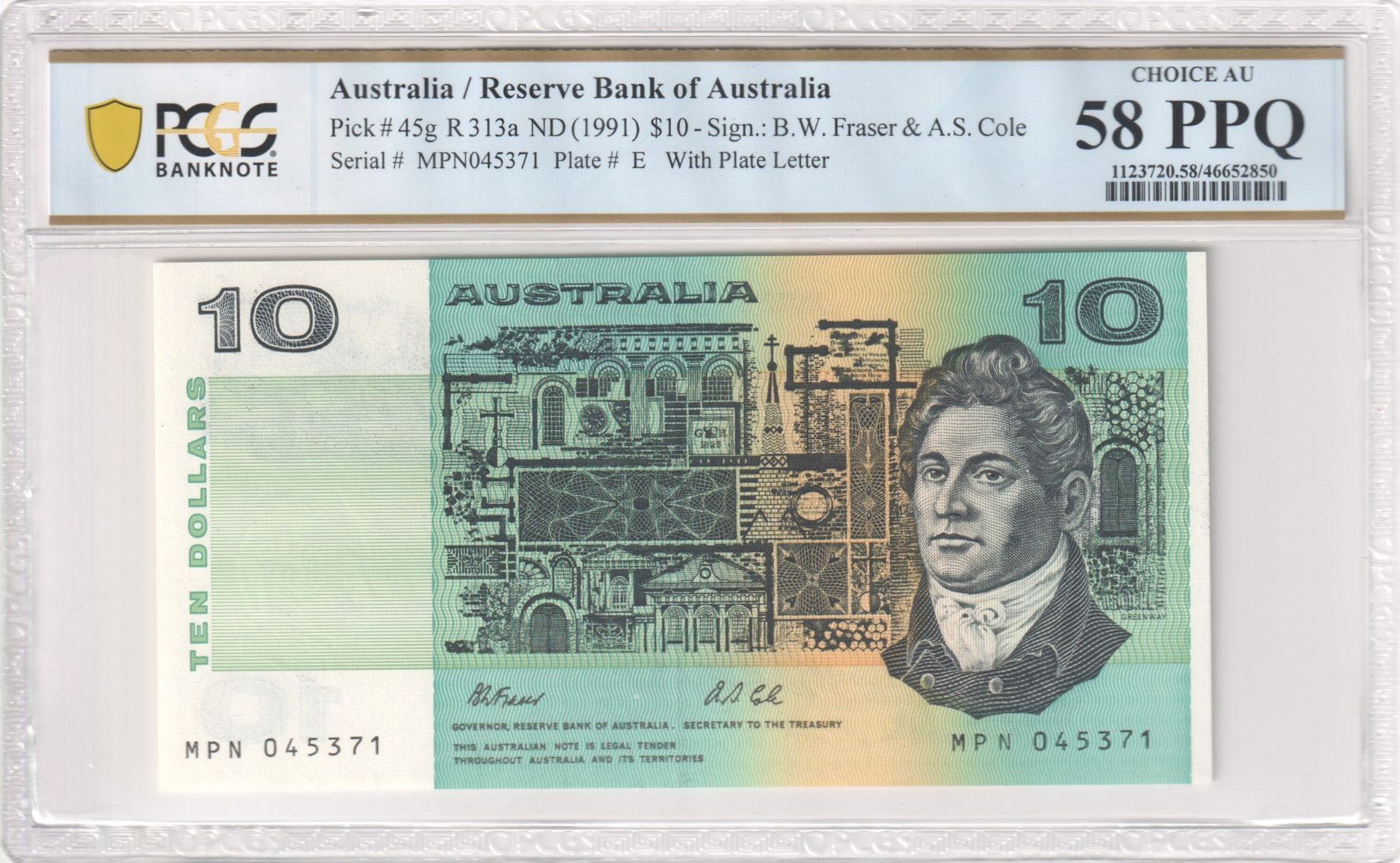 Fraser/Cole, With Plate Letter, Ten Dollar, 1991, PCGS Choice AU 58 PPQ