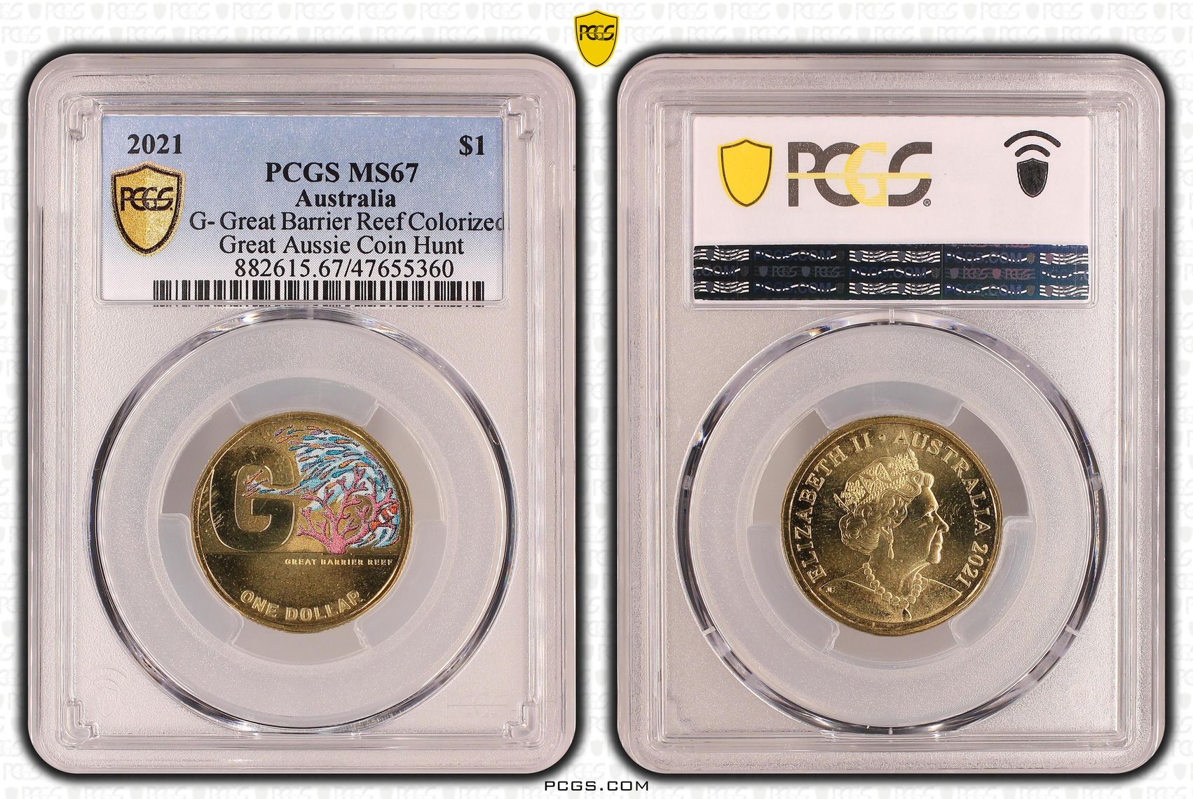 G- Great Barrier Reef Colorized Great Aussie Coin Hunt, One Dollar, 2021, PCGS MS 67