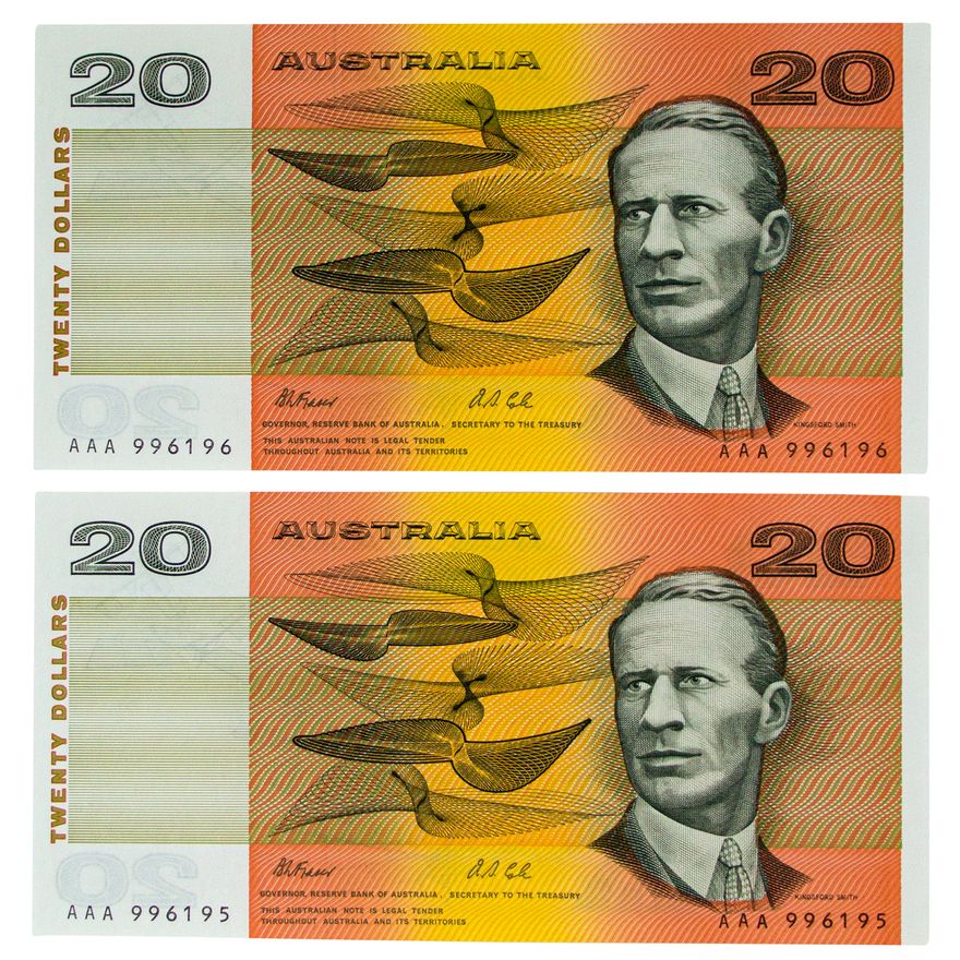 Consecutive Pair, Fraser/Evans, Twenty Dollars, 1993, UNC