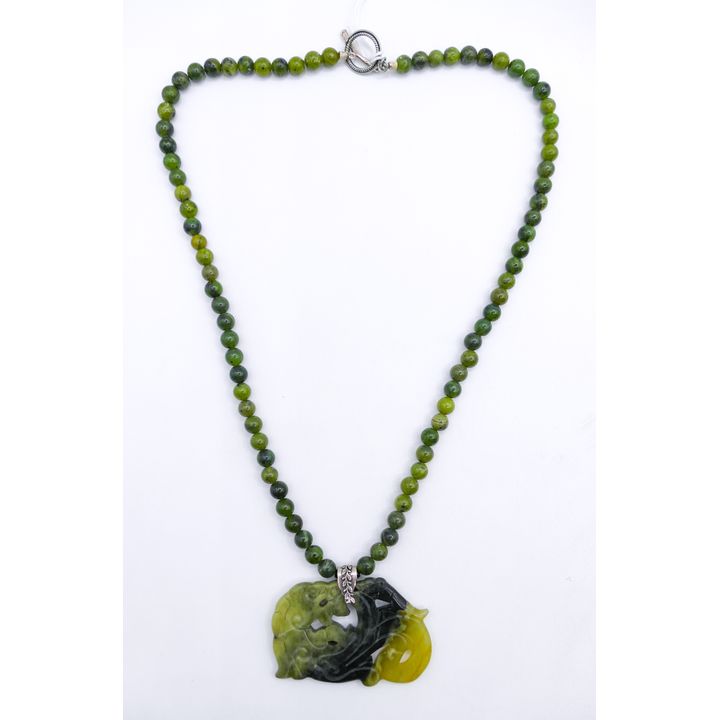 Chinese Jade Bead Pierced Pendant Necklace 24'' with 2.75'' Pendant