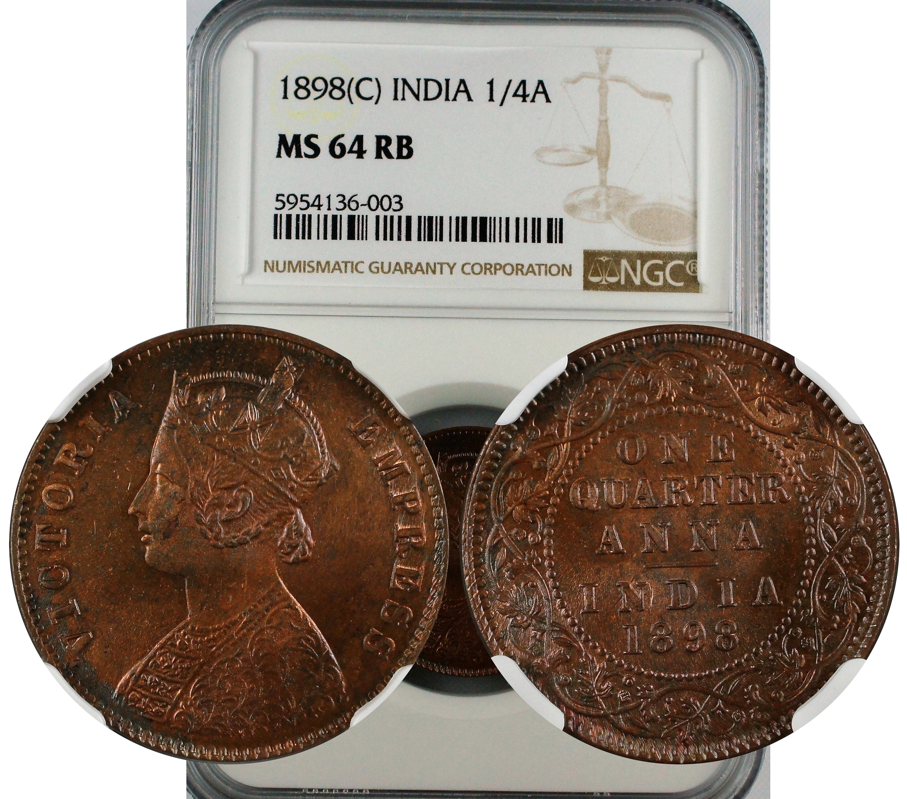 India British 1898 C 1/4 Anna NGC MS64 RB
