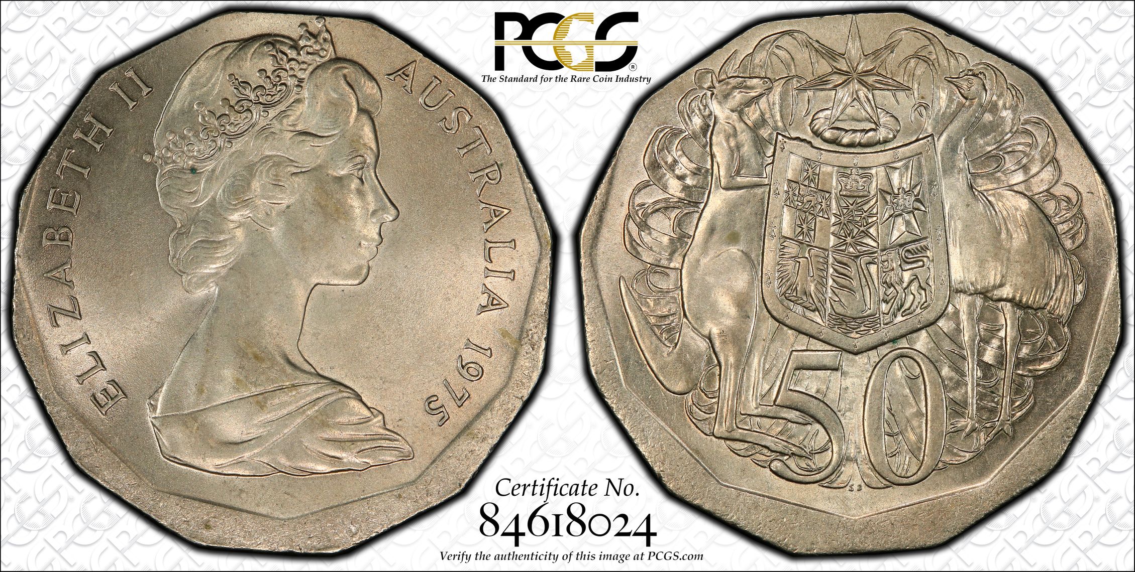 Elizabeth II, Off-Centre Strike, Fifty Cents, 1975, PCGS MS63