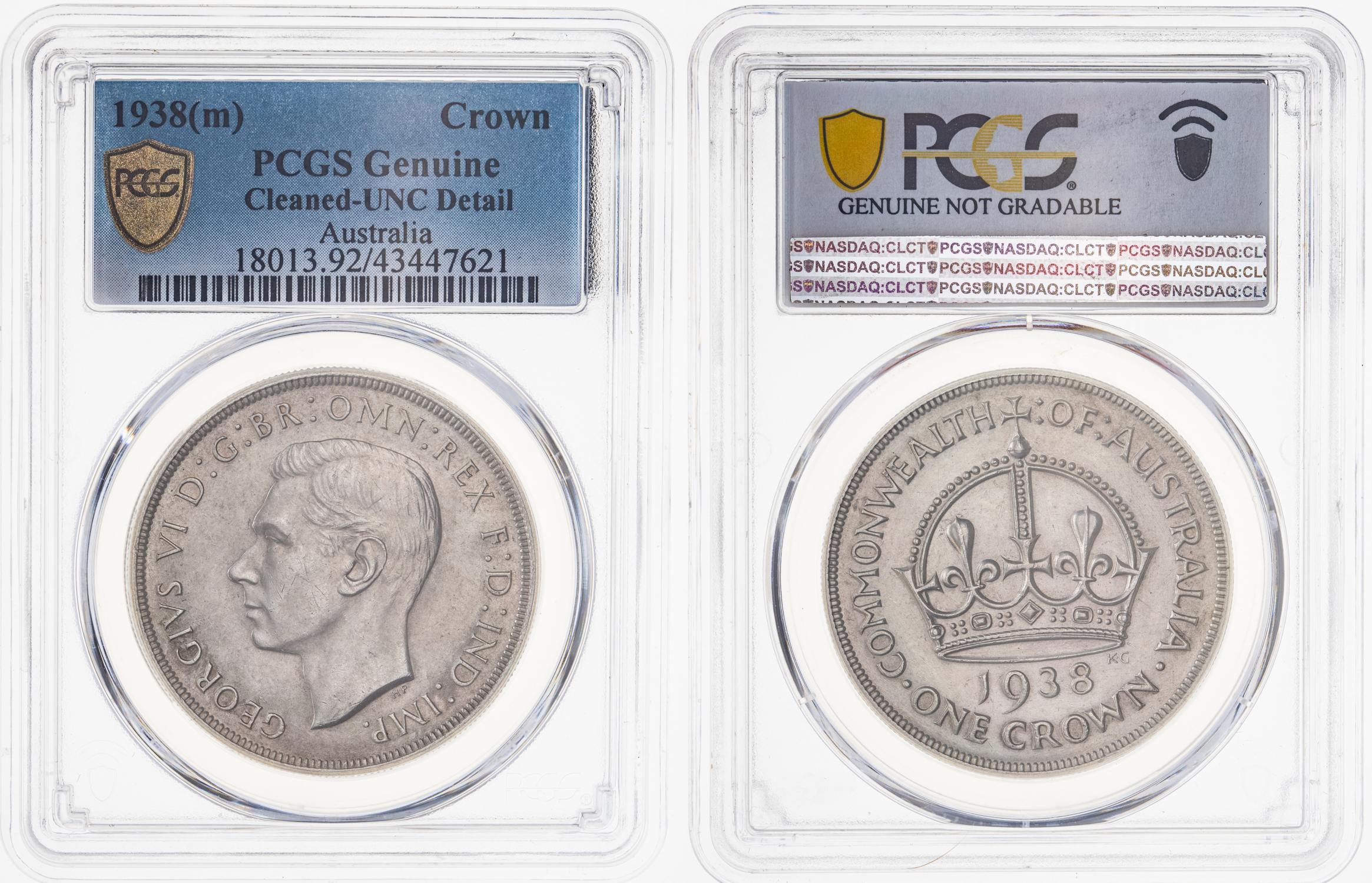 George VI, Crown, 1938(m), PCGS Genuine Cleaned - UNC detail