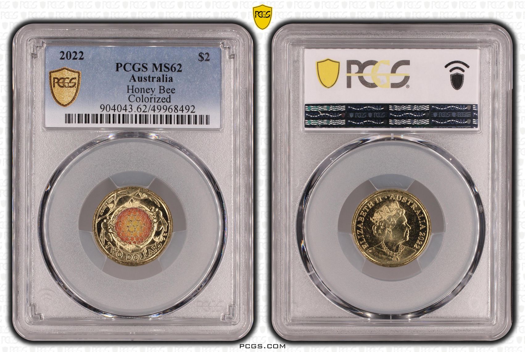 Honey Bee Colourised, Two Dollar, 2022, PCGS MS62