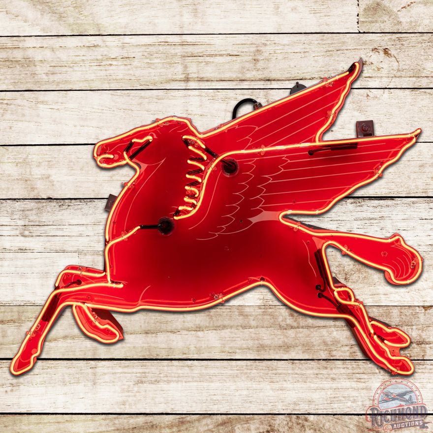 Rare Mobil Service Station Die Cut 36" SS Porcelain Left Facing Neon Pegasus "Small"
