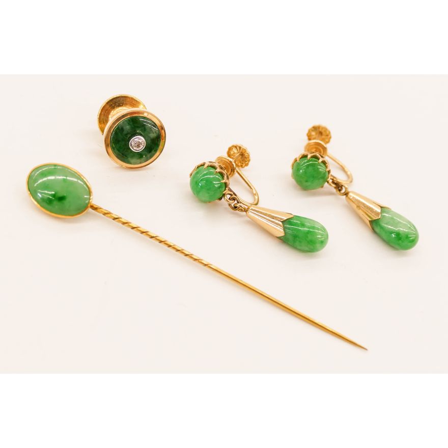 3pc Art Deco Jadeite Gold Jewelry