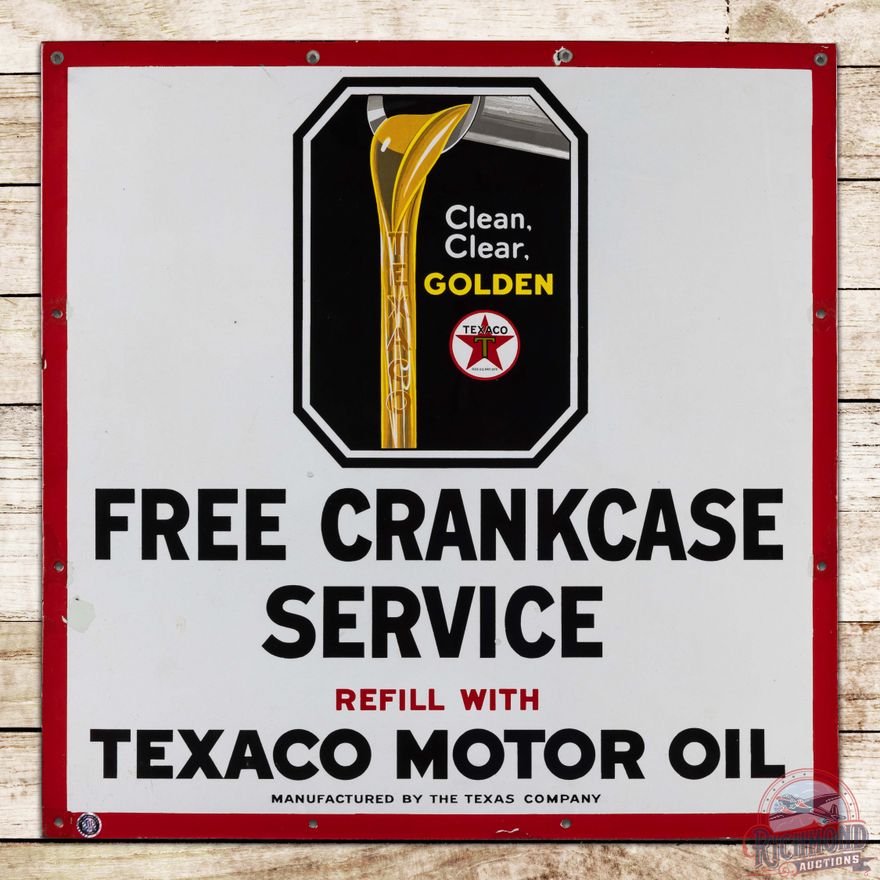 Texaco Motor Oil "Clean Clear Golden" Free Crankcase Service Single Sided Porcelain Sign