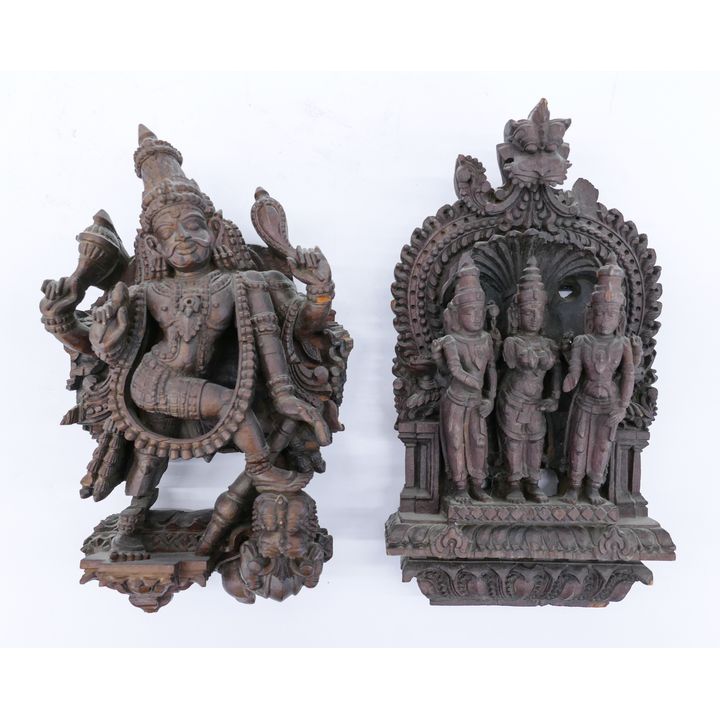 2pc Indian 19th Cent. Wood Stele & Temple Fragment