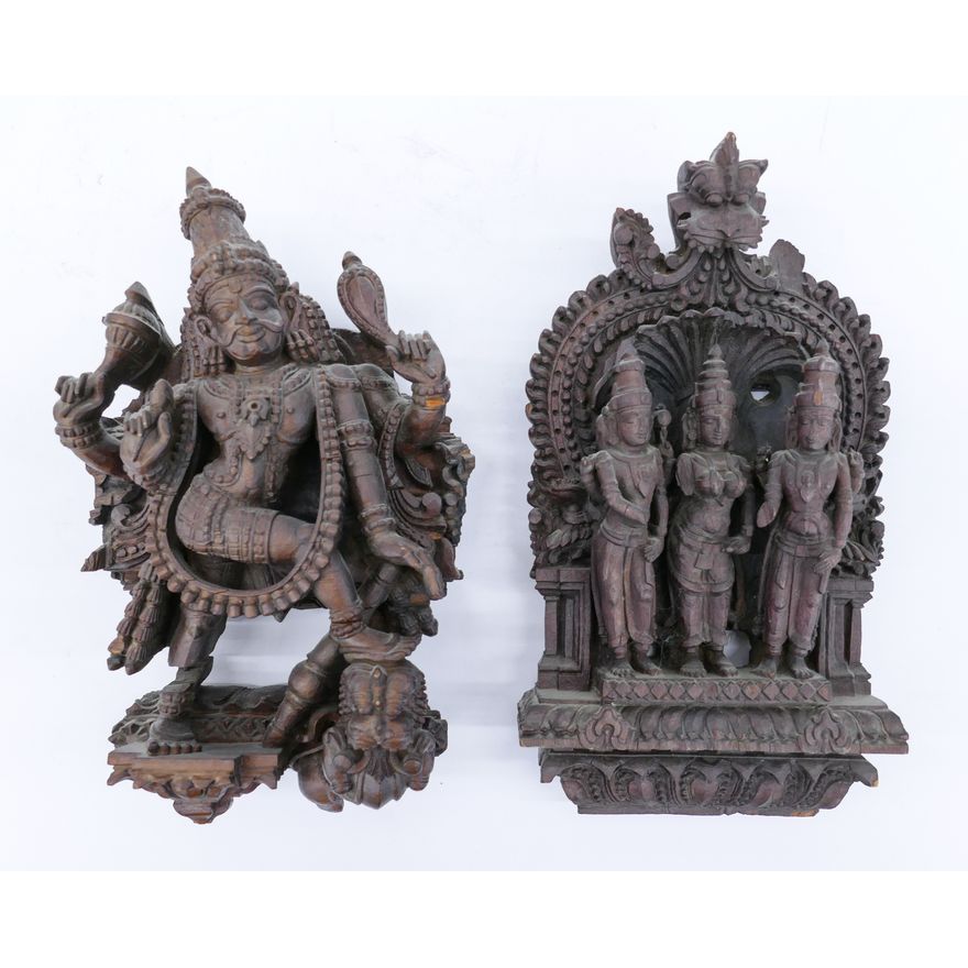2pc Indian 19th Cent. Wood Stele & Temple Fragment