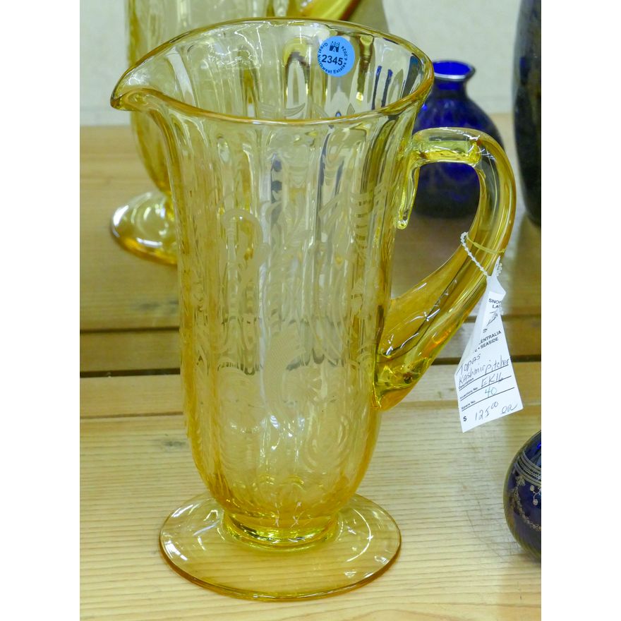 Vintage Kashmir Topaz Etched Glass Pitcher 10''