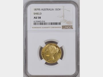1879 VICTORIA YOUNG HEAD SYDNEY MINT SHIELD GOLD SOVEREIGN AU58