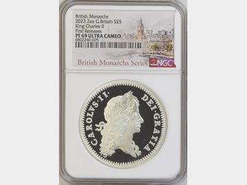 2023 BRITISH MONARCHS 'KING CHARLES II' SILVER 2oz PROOF 5 POUND PF69 UCAM FIRST RELEASES