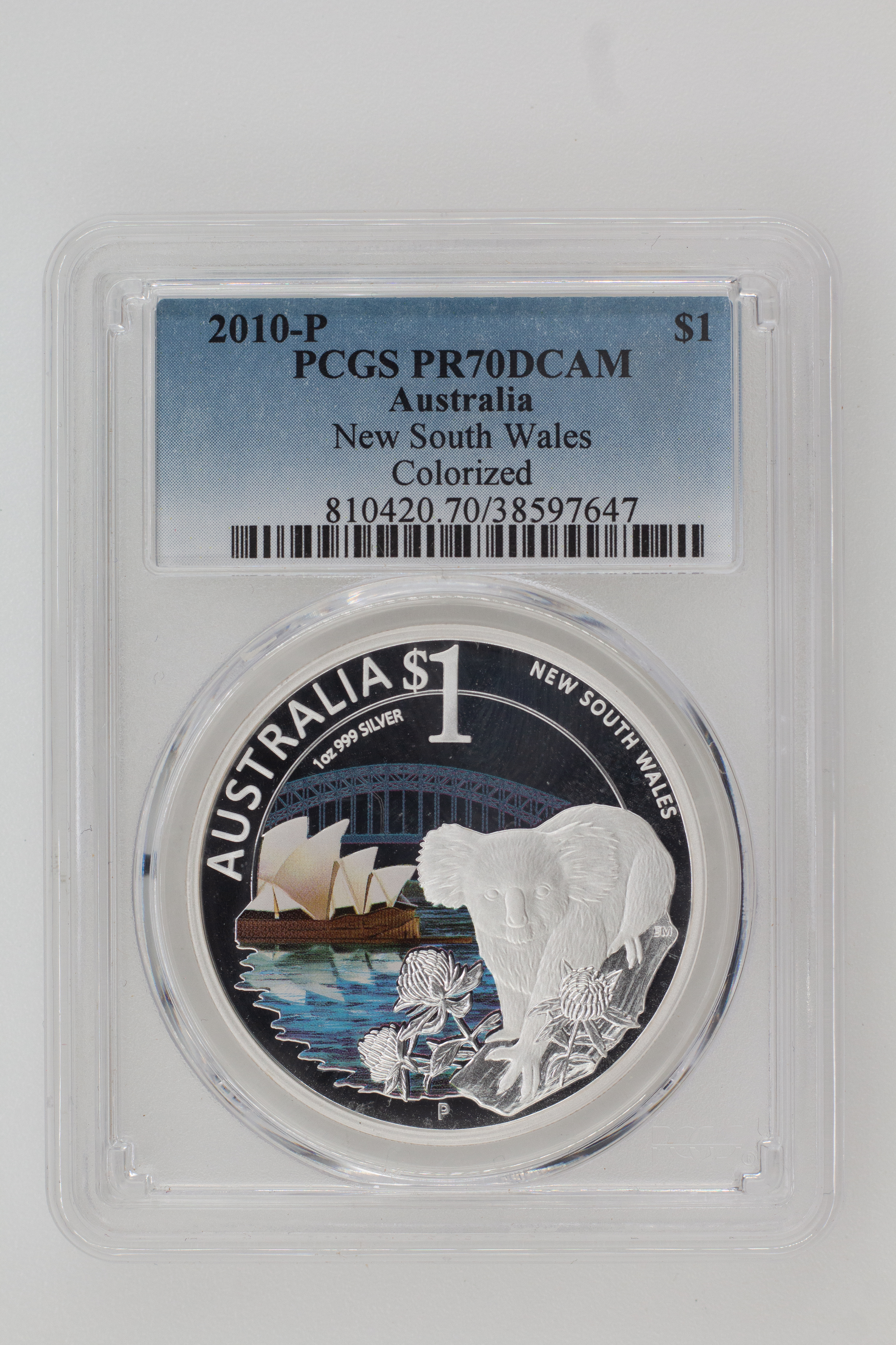 2010-P Australia One Dollar, $1 Silver Proof New South Wales-Koala PCGS - PR70DCAM POP 1/0 -647
