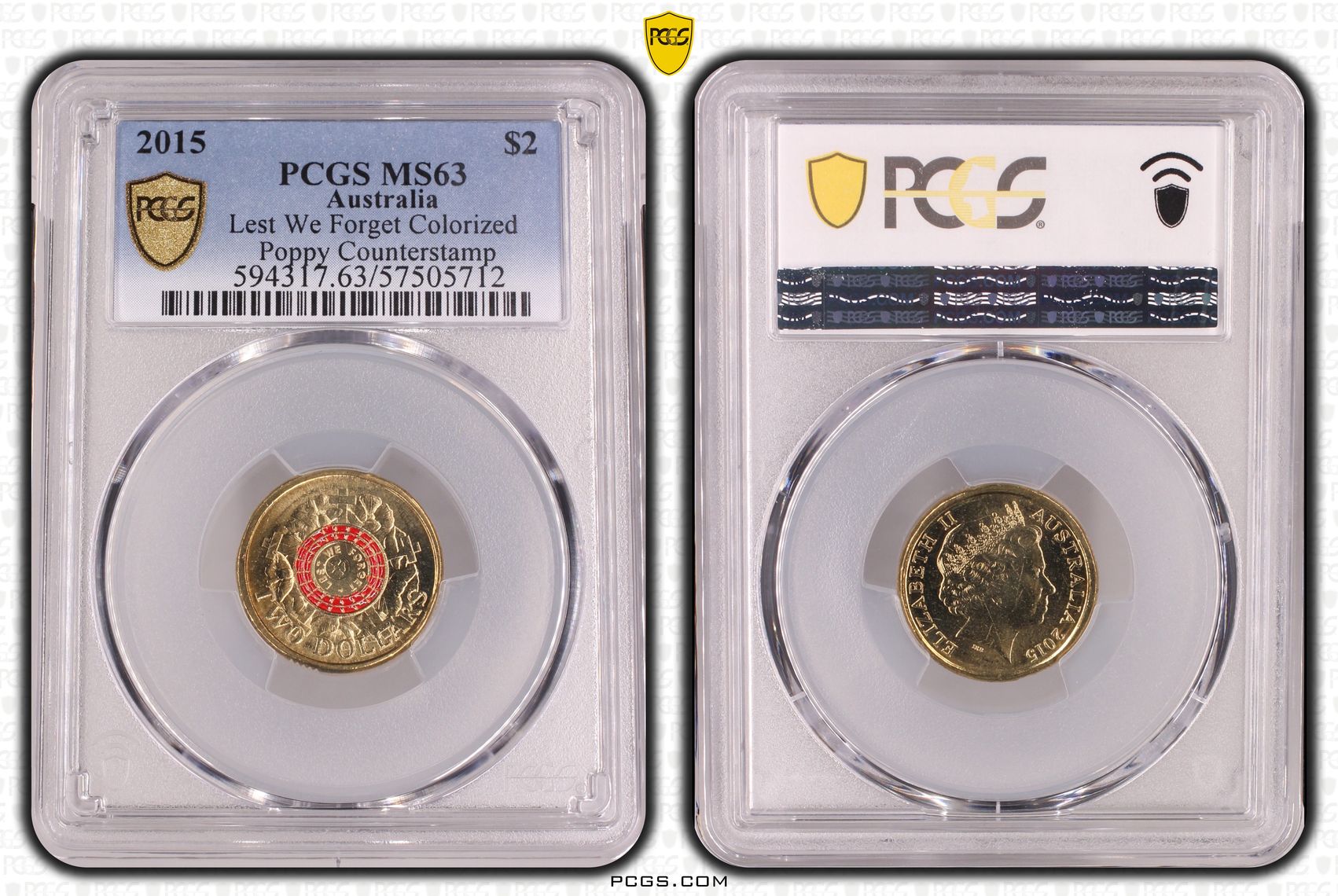 Lest We Forget Colourised Poppy Counterstamp, Two Dollar, 2015, PCGS MS63