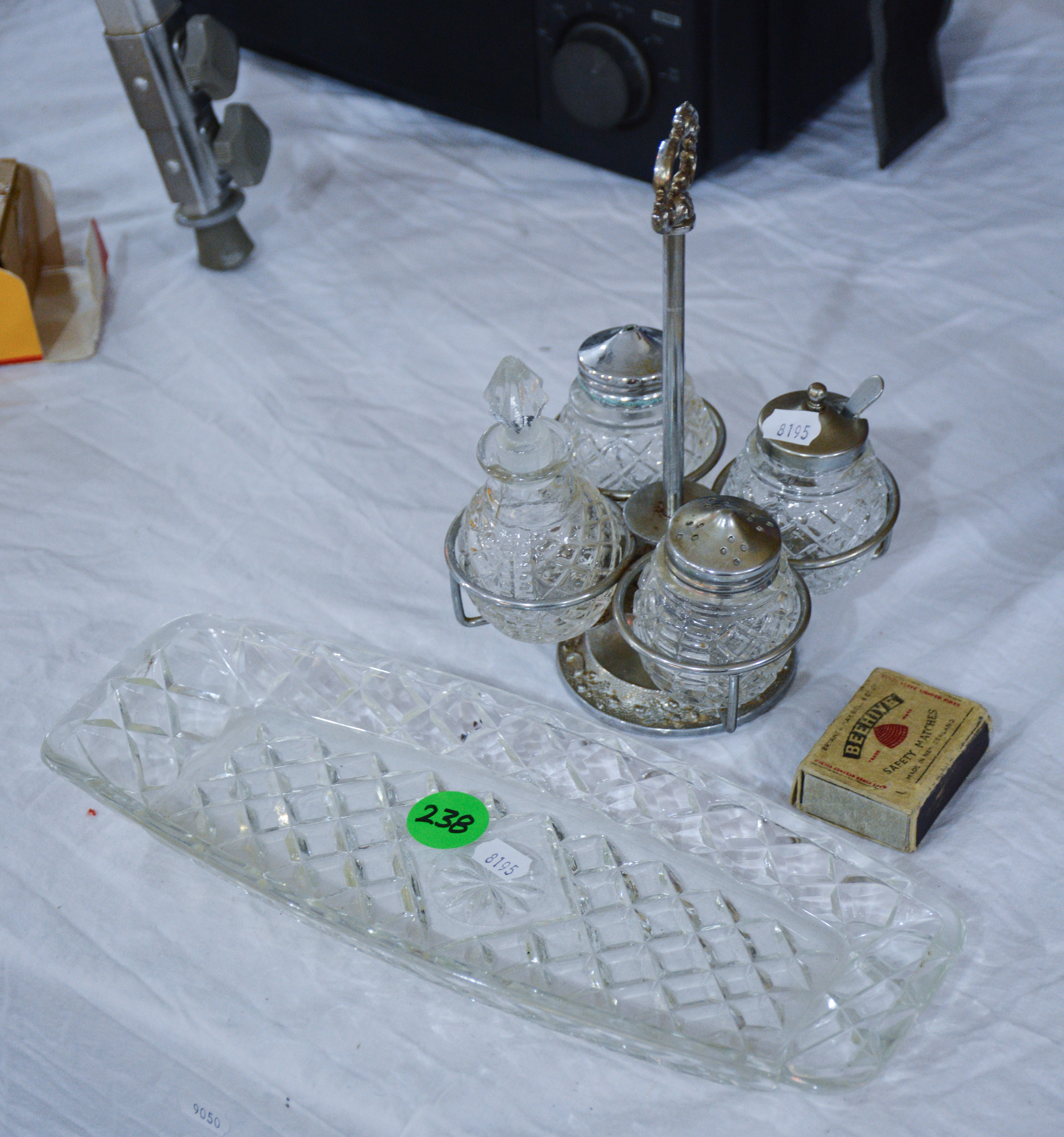 Handled Glass and Metal Condiment Set and Tray — sold at auction in New Zealand for $5