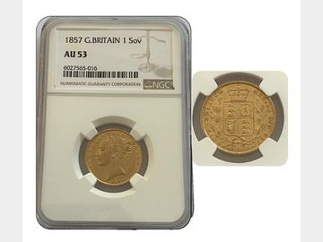 1857 VICTORIA SHIELD SOVEREIGN AU53 NGC