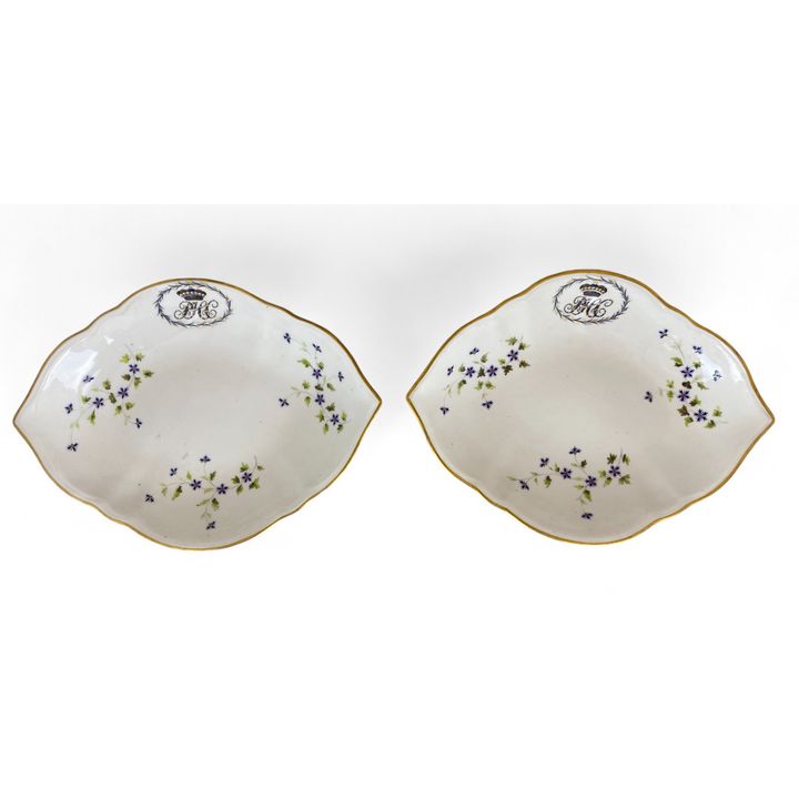 A pair of Derby white porcelain and gilt Chantilly sprig dishes from the Cremorne Service