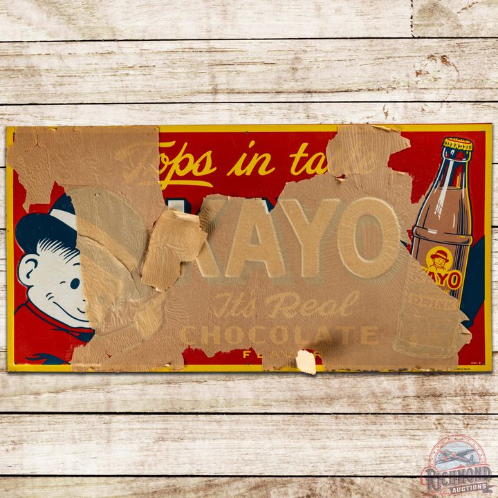 NOS Kayo "Tops in Taste" Real Chocolate SS Tin Sign w/ Bottle