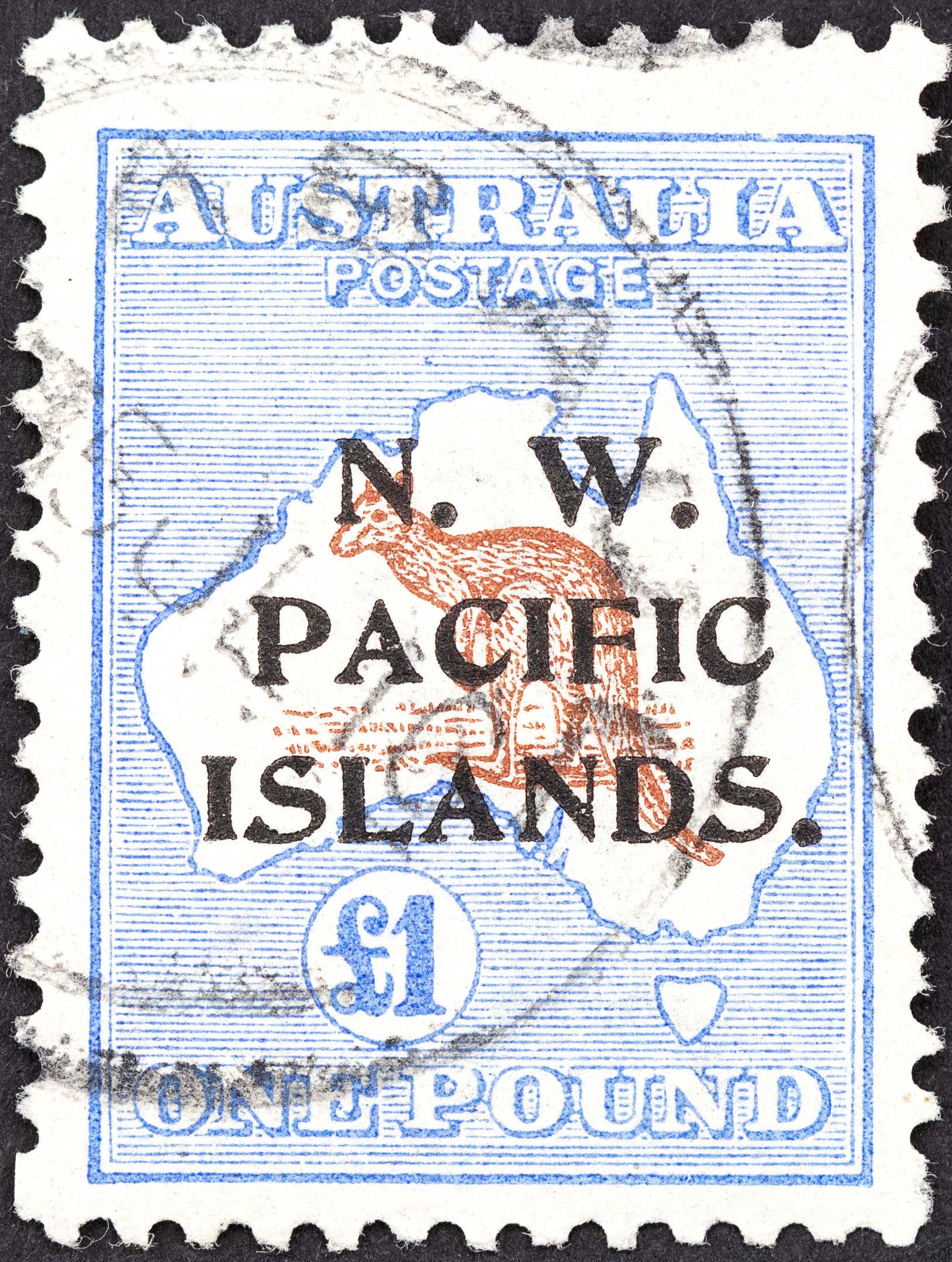 New Guinea, First Watermark Kangaroo NWPI Overprints, One Pound, Brown & Ultramarine, 1915, FU
