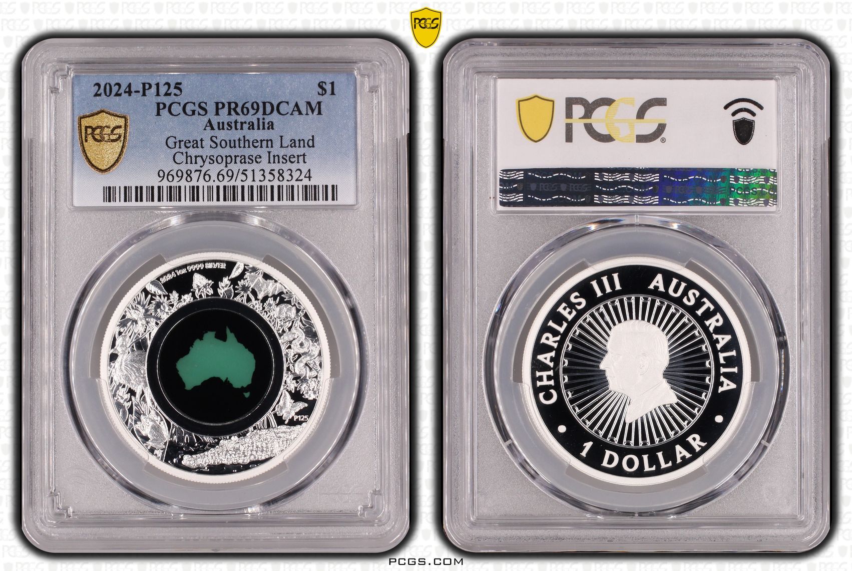 Great Southern Land Chrysoprase Insert, One Dollar, 2024-P125, PCGS PR69DCAM