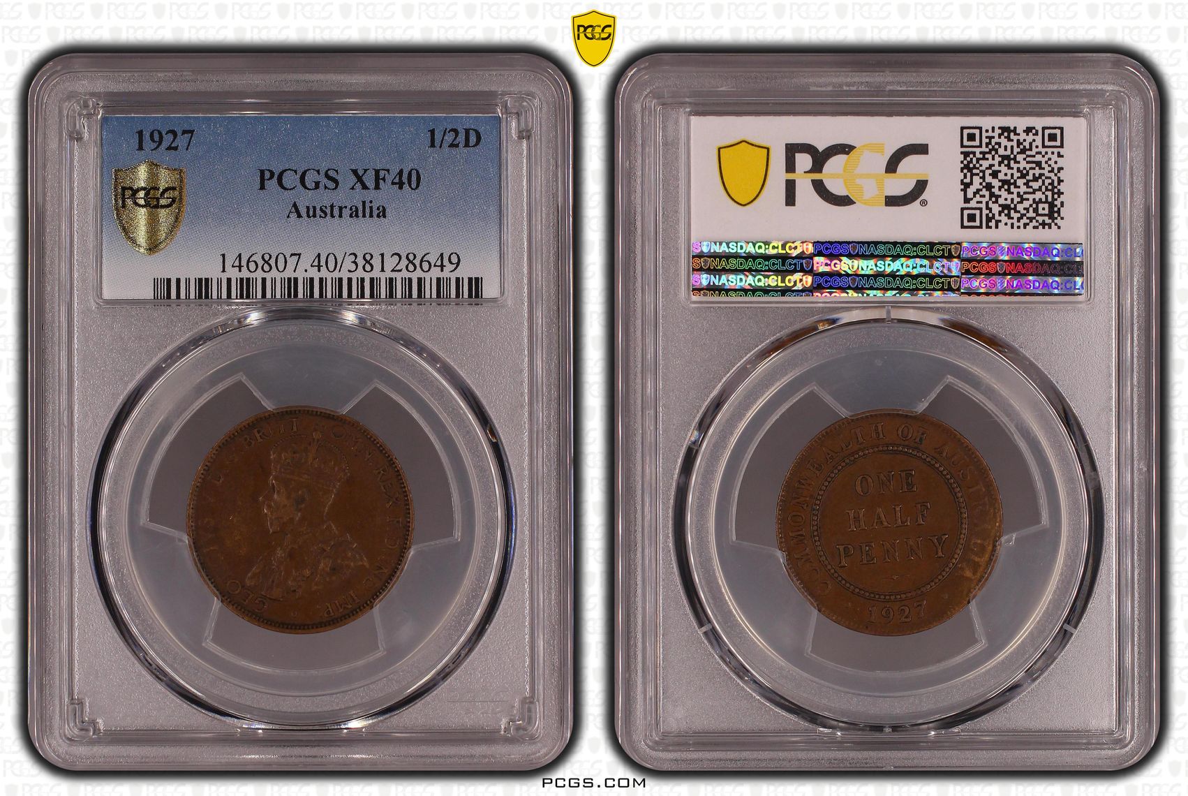 Halfpenny, 1927, PCGS XF40BN