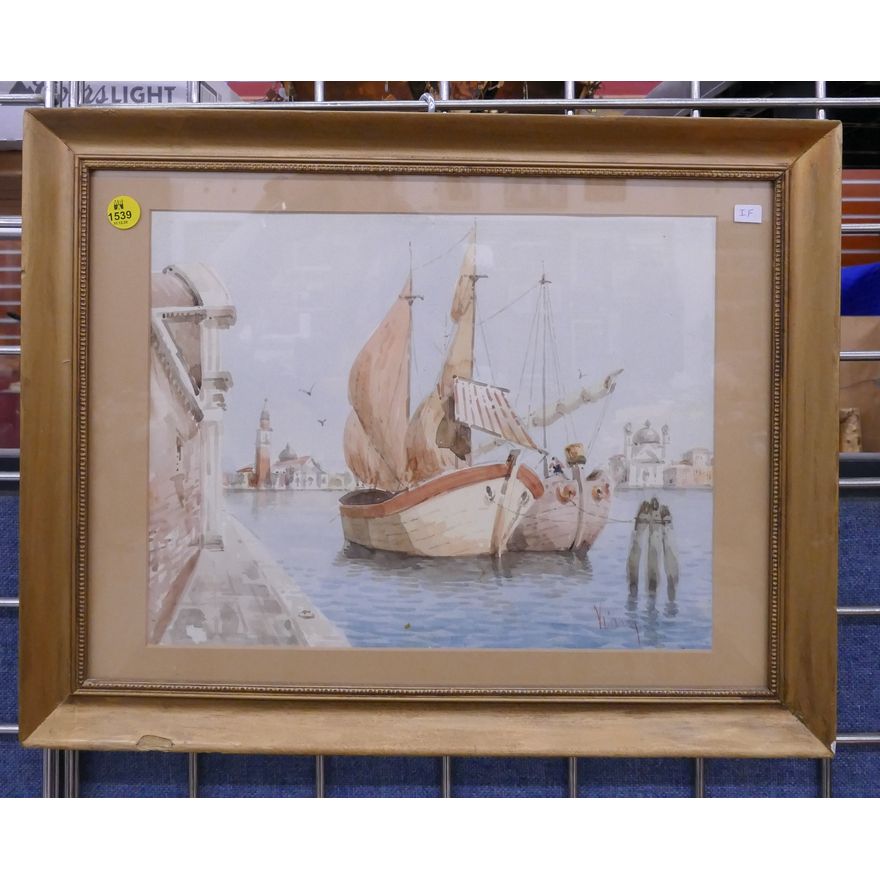 Antique Venetian Warf Watercolor Framed- 14x18''