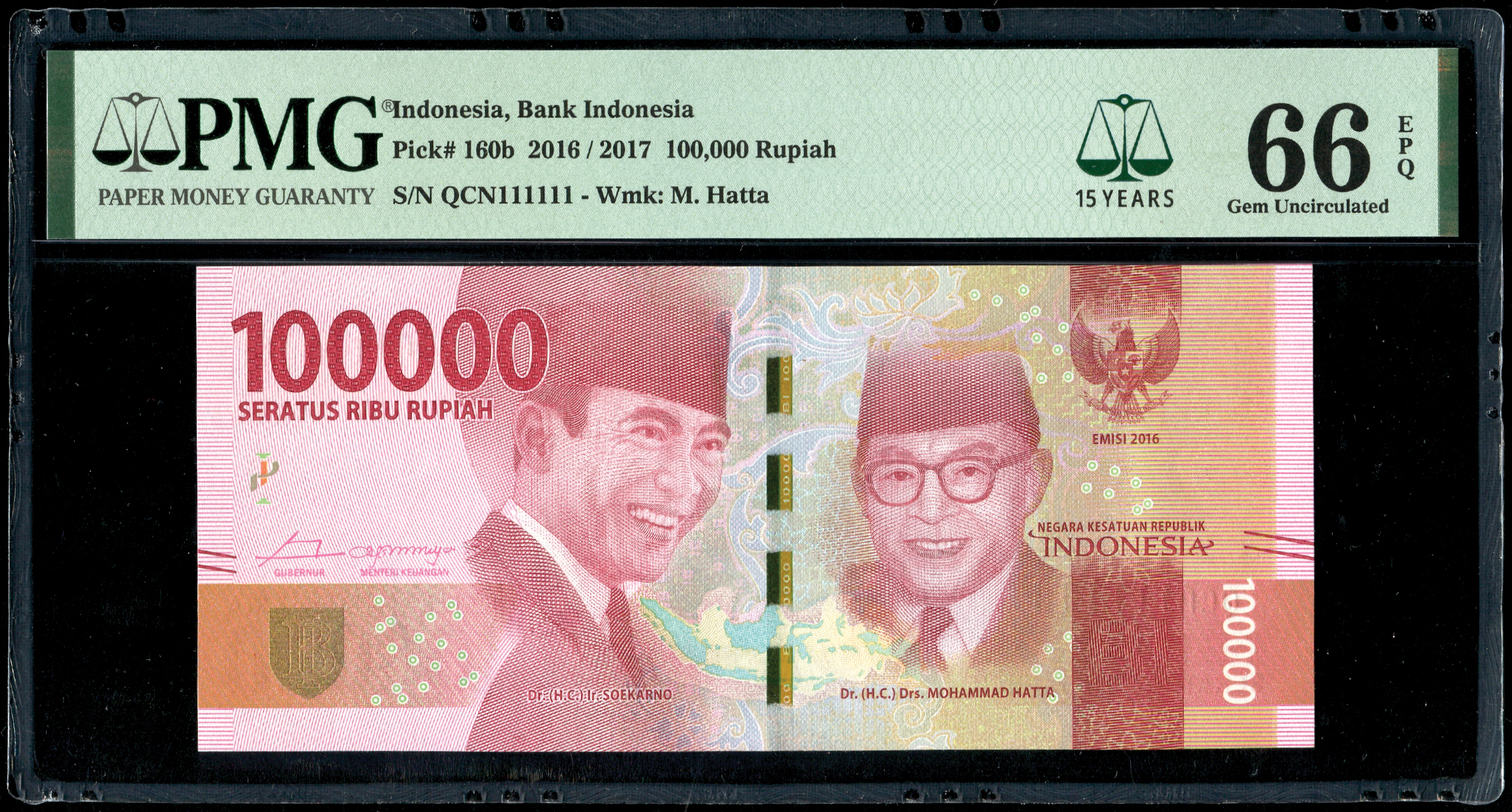Indonesia, 100000 Rupiah, 2016, Solid 1's, PMG 66EPQ