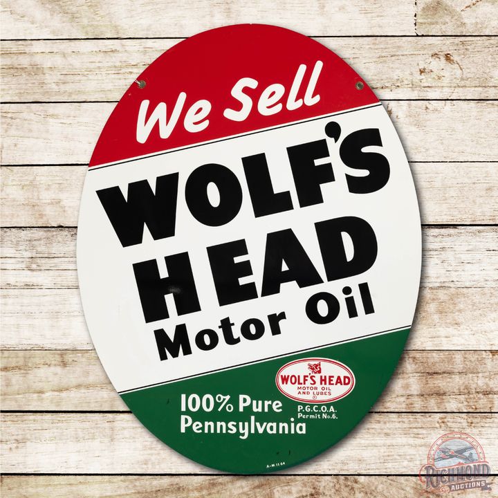 1964 We Sell Wolf's Head Motor Oil Double Sided Tin Sign