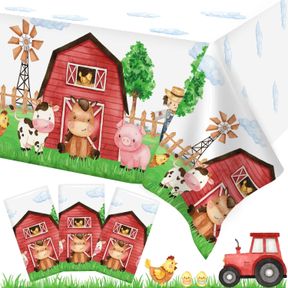 HEBOLAND 3 PIECES FARM ANIMAL BIRTHDAY PARTY SUPPLIES TABLECLOTH, LARGE SIZE 54 X 108 INCH RECTANGULAR PLASTIC TABLE COVER, BARNYA