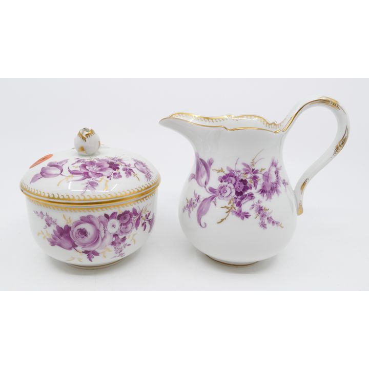 Meissen Pink Flower Porcelain Creamer and Sugar Bowl
