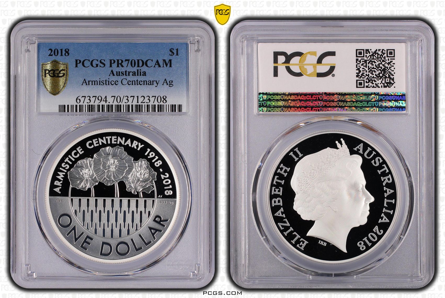 400 · 2018 Australia One Dollar, $1 Silver Armistice Centenary Ag PCGS - PR70DCAM POP 9/0 -708