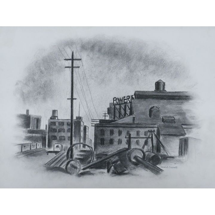 Edward Sewall ''Industrial Scene'' 1940's Charcoal