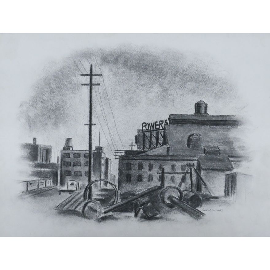 Edward Sewall ''Industrial Scene'' 1940's Charcoal