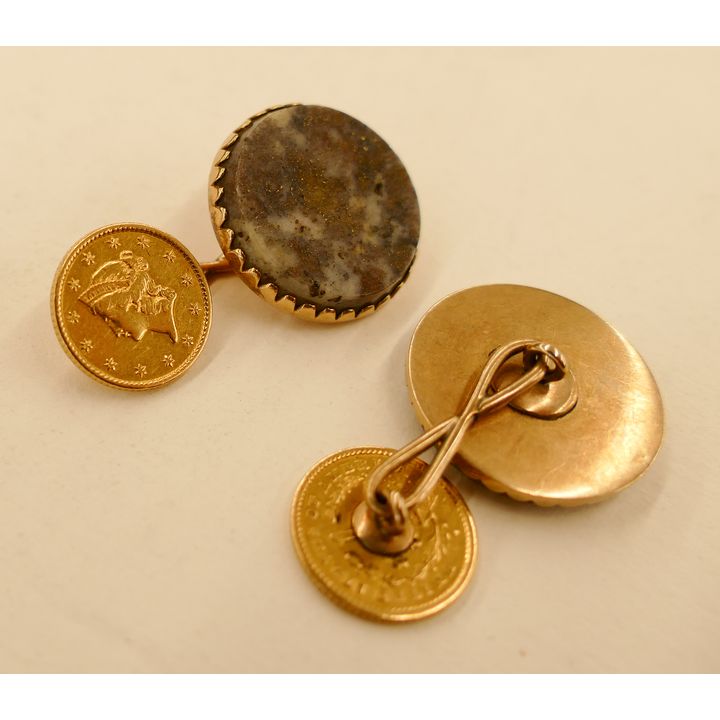 Pair US $1 Gold Coin Agate Cufflinks- 11.6g