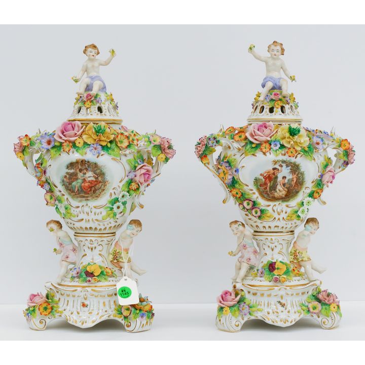 Pair Sitzendorf Floral Porcelain Putti Urns 16''