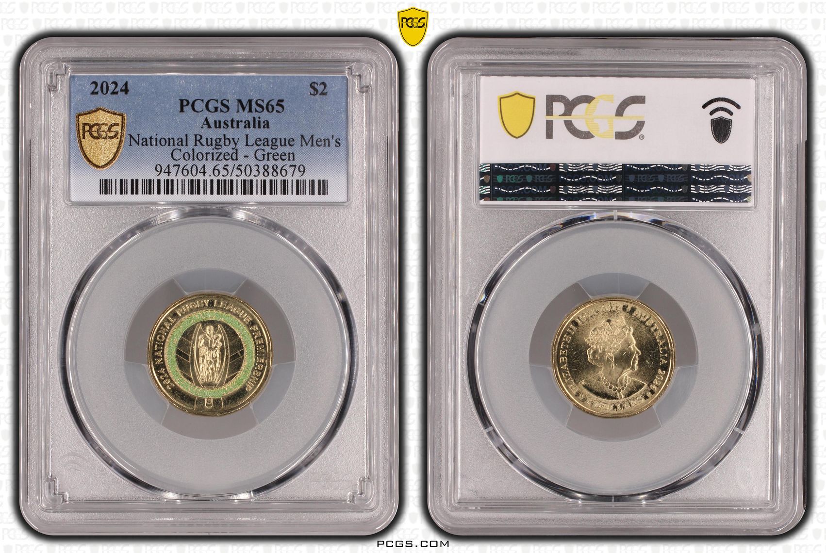 National Rugby League Men's Colorized - Green , Two Dollar, 2024, PCGS MS65