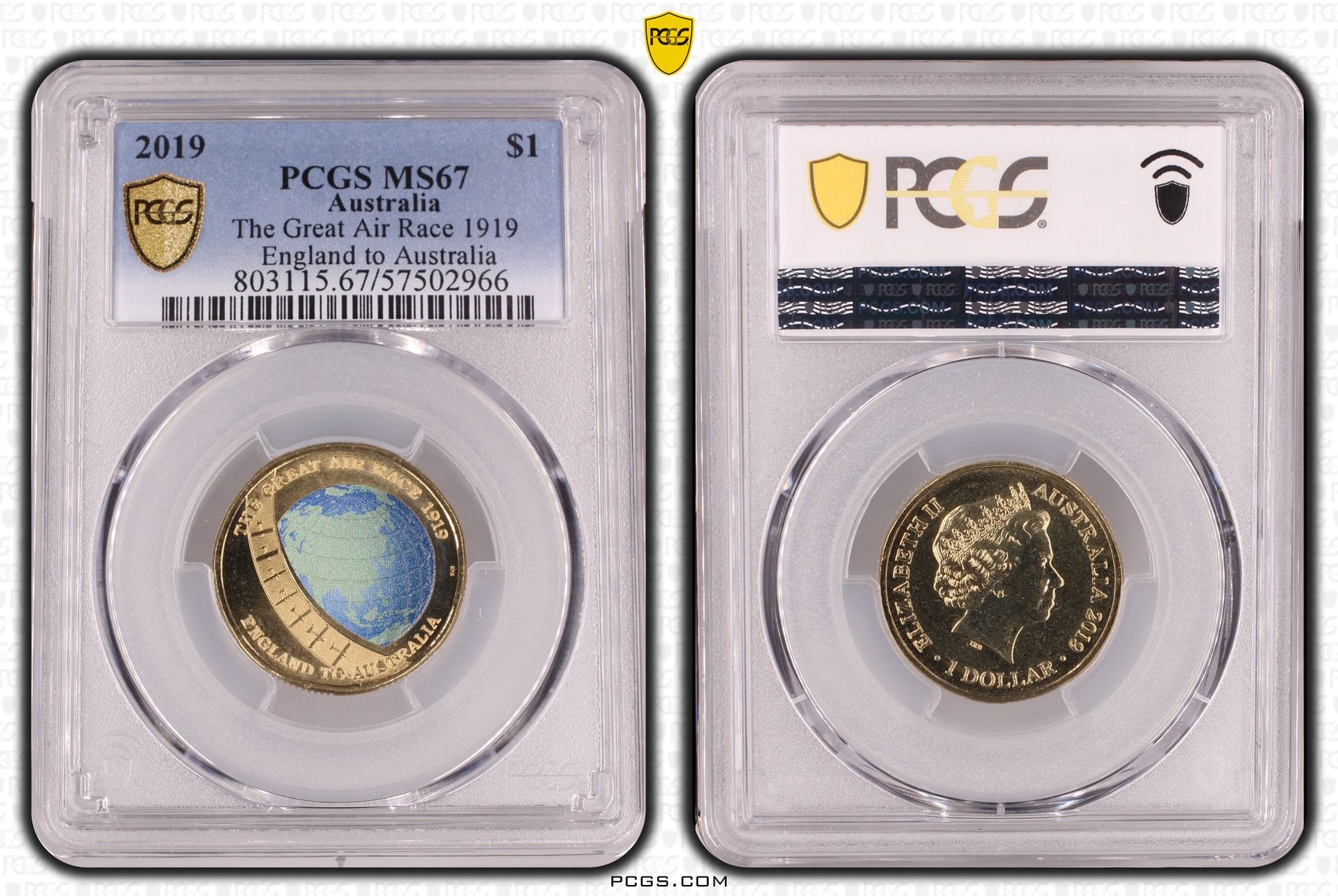 380 · The Great Air Race 1919 England to Australia, One Dollar, 2019, PCGS MS67