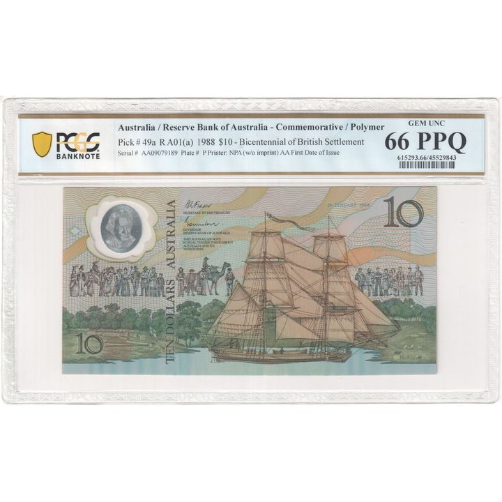 Bicentennial of British Settlement, Prefix AA; First Date of Issue, Ten Dollar, 1988, PCGS Gem UNC 66 PPQ