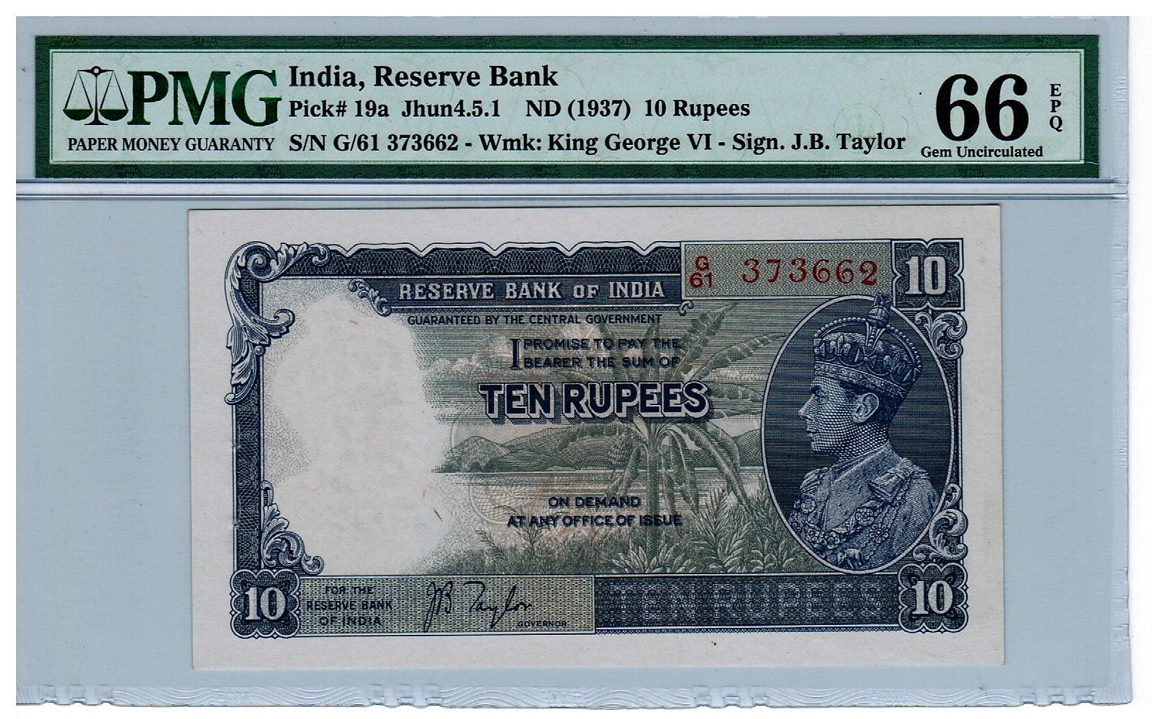 India British Reserve Bank 1937 10 Rupees PMG 66 EPQ - JB Taylor