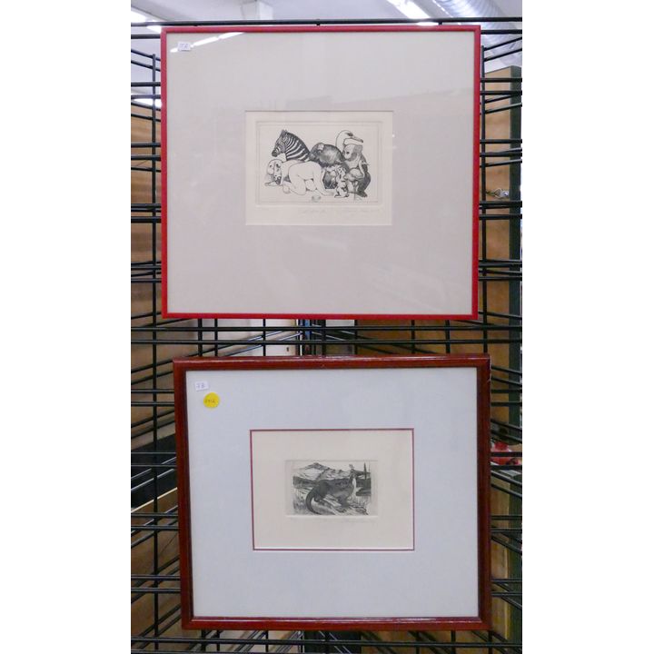 2pc J. Lucas Modern Animal Etchings Framed- 14x15''