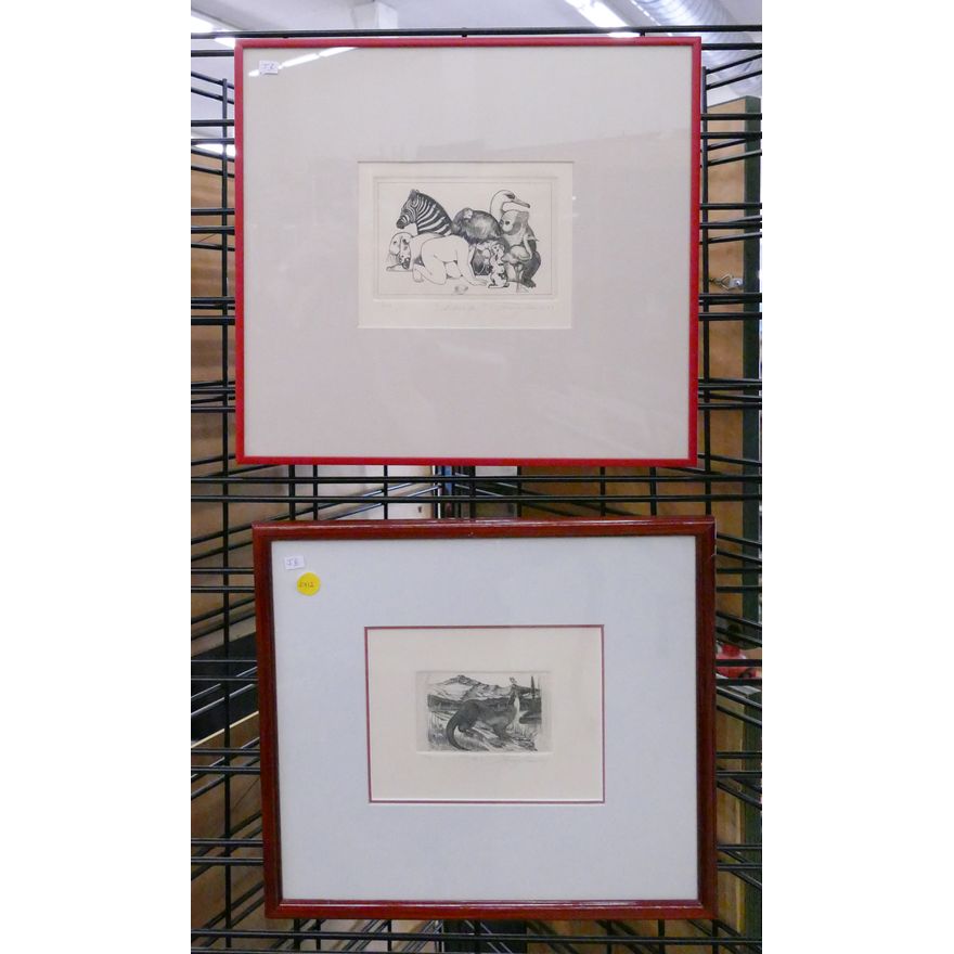 2pc J. Lucas Modern Animal Etchings Framed- 14x15''