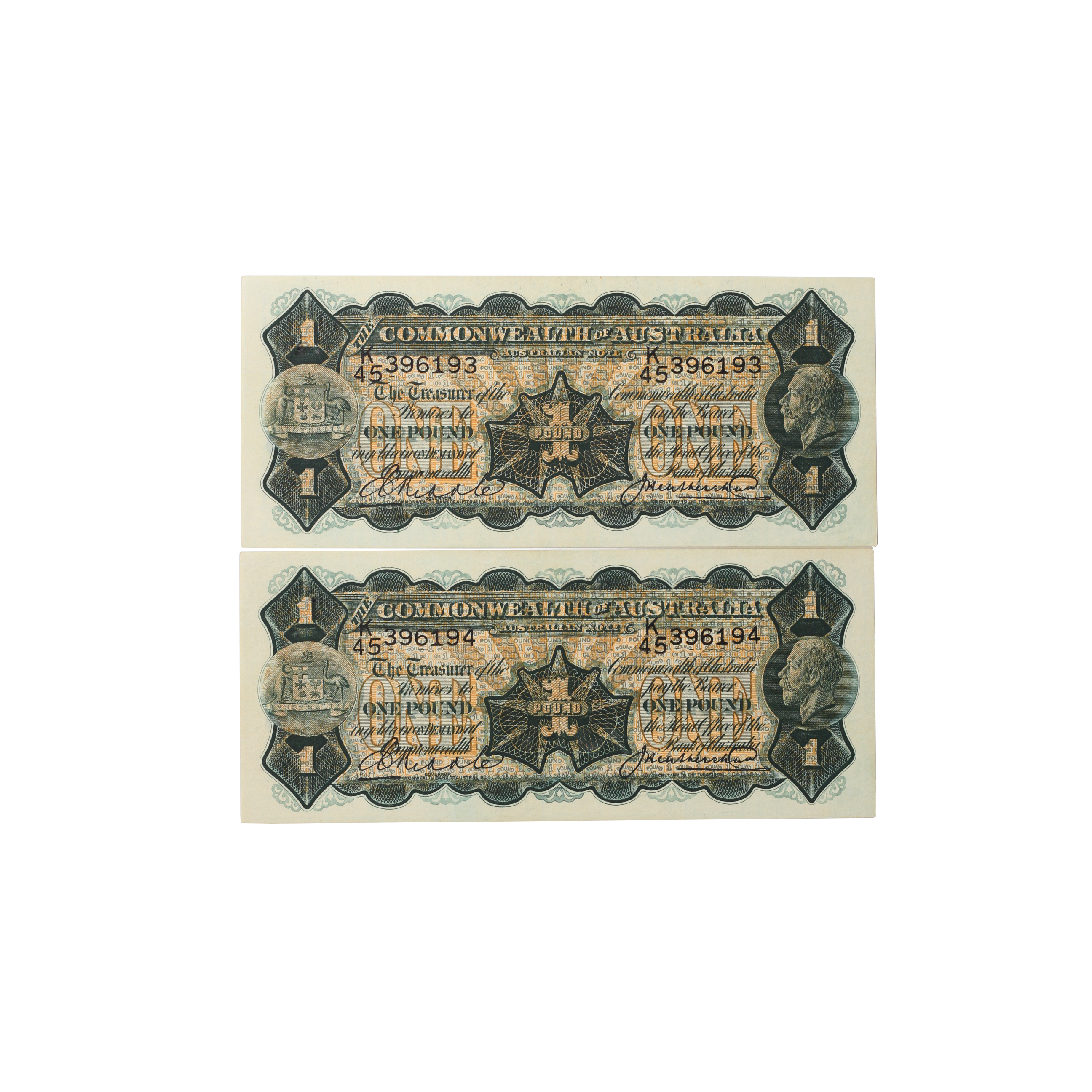 1874. · Consecutive Pair, Riddle/Heathershaw,  One Pound, 1927, EF