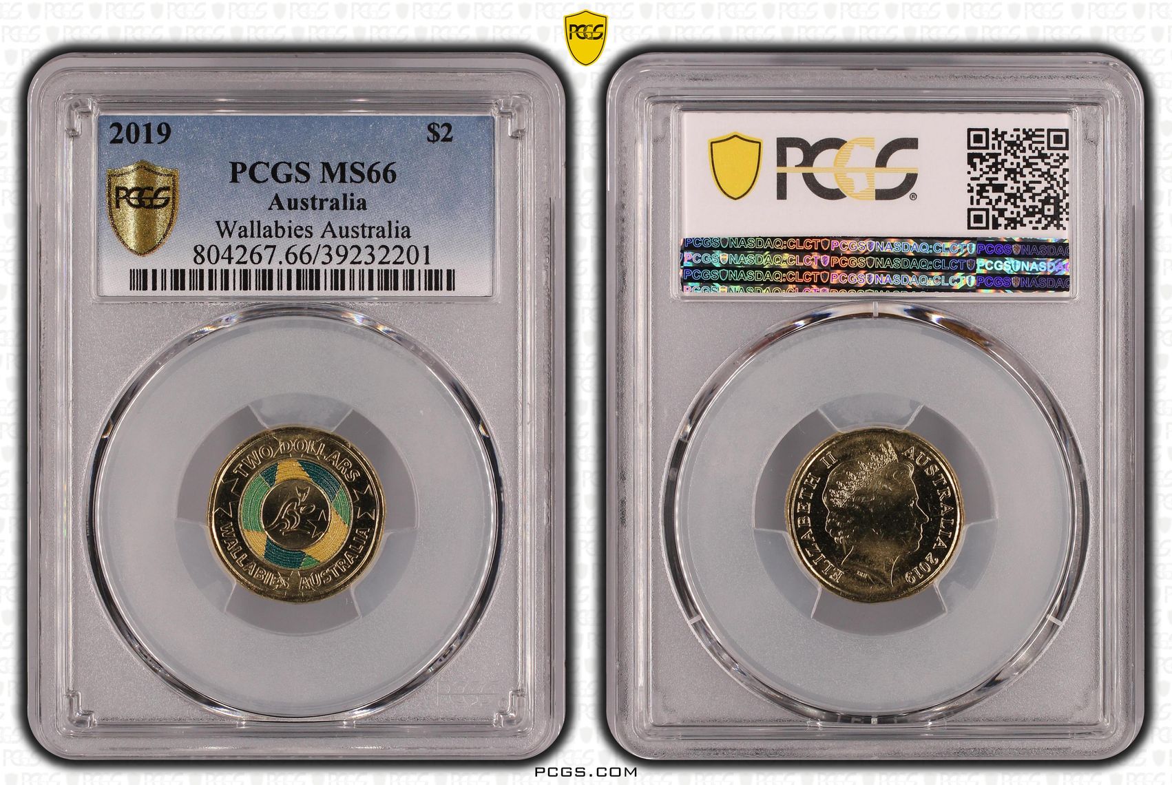 Wallabies Australia Colourised, Two Dollar, 2019, PCGS MS66