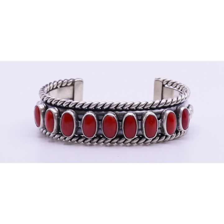 Navajo SW Sterling Coral Cabochon Bracelet- 3'' diameter- 93g