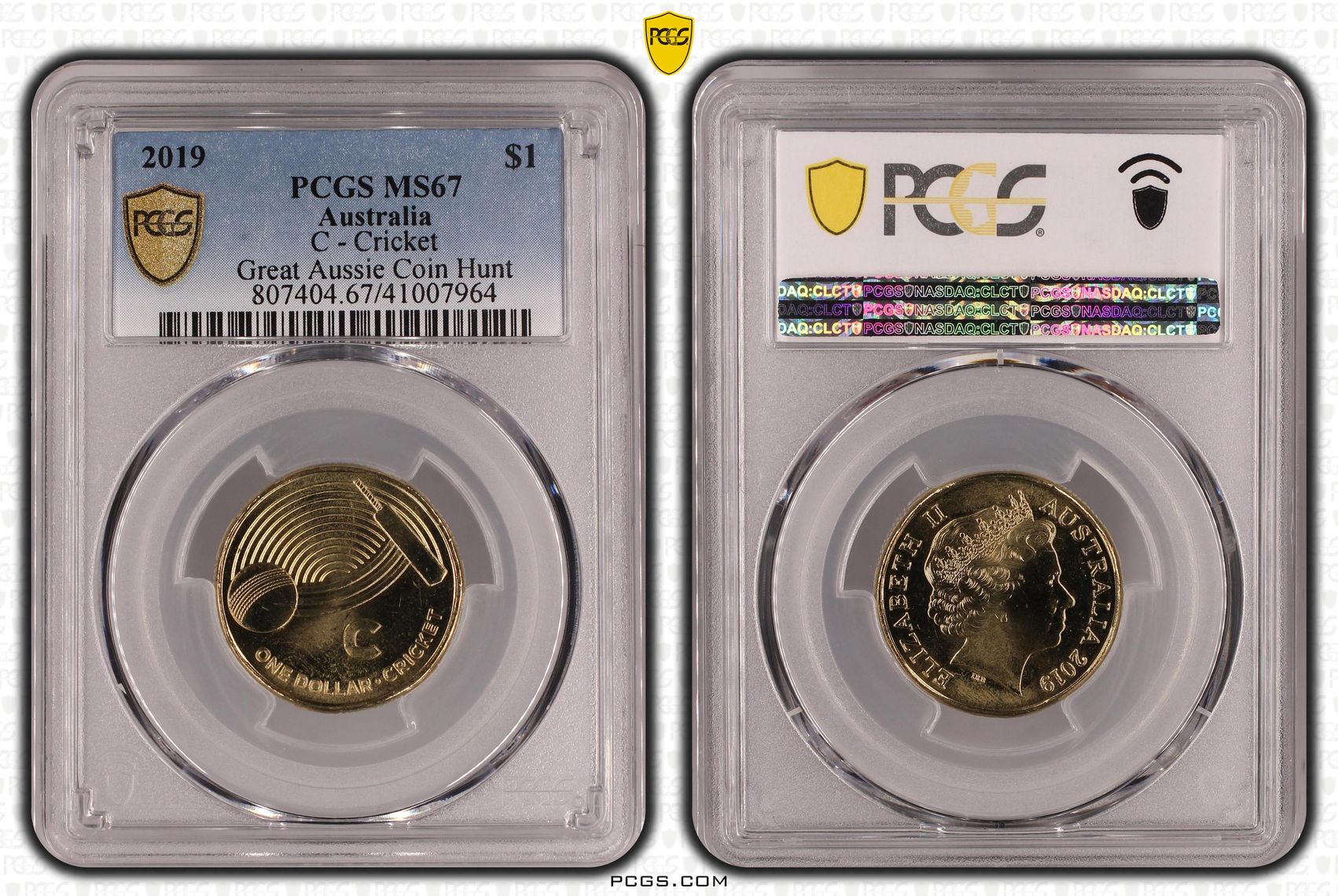 Elizabeth II, C - Cricket, Great Aussie Coin Hunt, One Dollar, MS67 , 2019