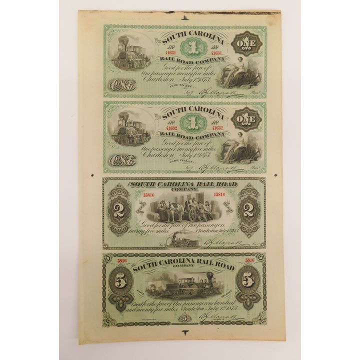 South Carolina Railroad Company Uncut Ticket Sheet 1873
