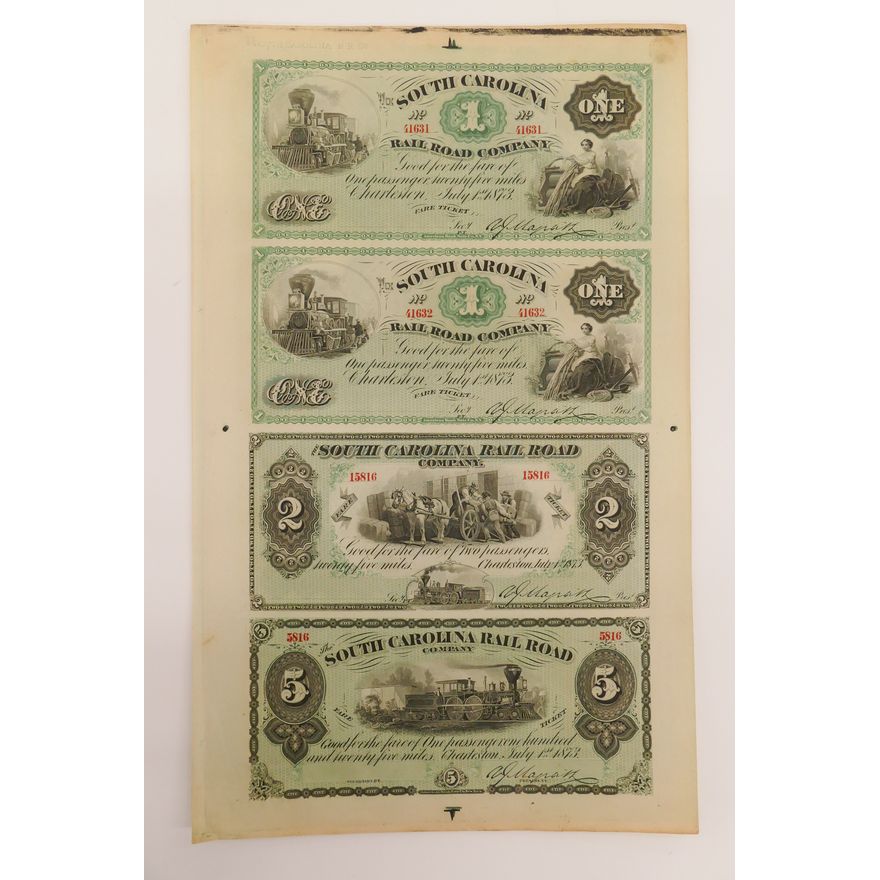 South Carolina Railroad Company Uncut Ticket Sheet 1873