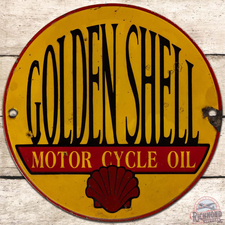 Scarce Golden Shell Motor Cycle Oil SS Porcelain Sign w/ Logo