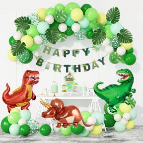 DINOSAUR BALLOONS ARCH GARLAND KIT - 40" FOIL DINO BALLOONS, HAPPY BIRTHDAY BANNERS & CAKE TOPPER FOR JUNGLE DINOSAUR PARTY FOR BO